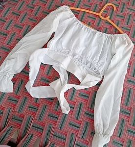 White Crop Top - Long Balloon Sleeves