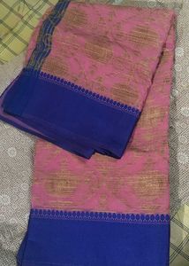 Pink Saree With Blue Zari Pallu