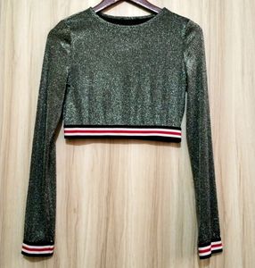 Long Sleeve Crop Glitter Sequins T-shirt(Women&#39;s)