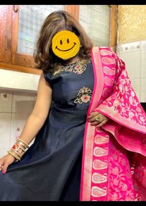 Long Gown Dress With Banarasi Dupatta