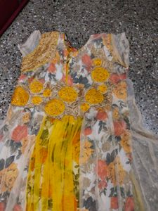 Beautiful Netted Yellow Floral Print Anarkali