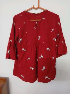 Red Bird Print Top