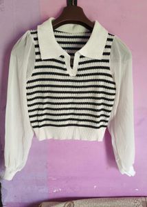 Striped Knit Top with Sheer Sleeves