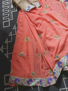 Coral Peach Embroidered Saree With Blouse Piece
