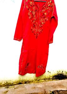Handwork Chickenkari Red Embroidered Kurta