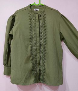 Olive Green Shirt-Style Top with Lace & BellSleves
