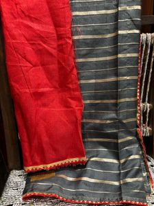 New Grey Red Organza Saree