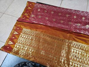 Red And GoldVelvet Saree with Stitched Blouse