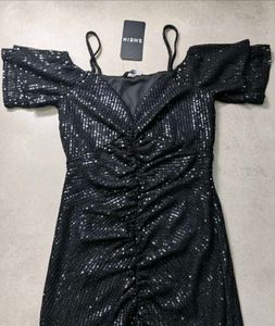 Cold Shoulder Sequined Ruched Maxi Split Dress