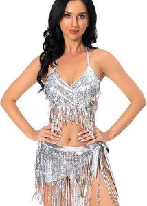 Cord Silver Fringe Belly Dance Hip Top Wrap Skirt