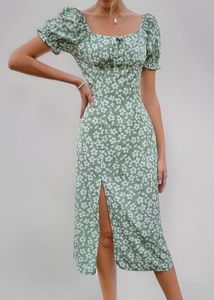 Green floral midi dress with slit