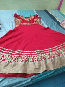 Red &amp; Gold Embroidered Anarkali Suit