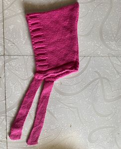 Pink Knitted Winter Bonnet Hood with Long Ties