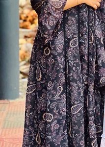 Black Printed Anarkali With Shawl