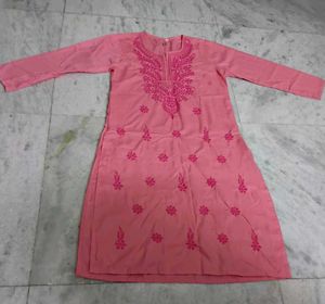 New Pink Chikankari Kurti Women(FREE FLOWER CLIP)