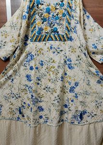 Full Length Flared Kurti Off White Colour With Floral Prints