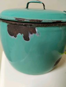 Vintage Teal Enamel Kettle Pot - Rustic Decor