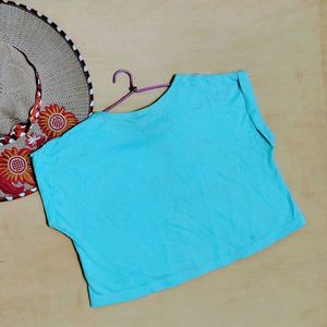 Cyan Crop Top with Silver Heart Print | Fits S-M