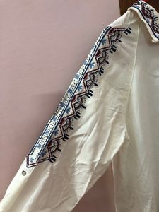 White Embroidered Long Shirt Top