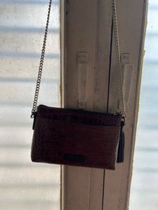 Brown Croc-Embossed Chain Bag