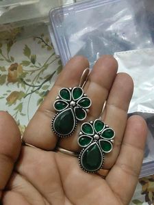 Green Stones Hook Earrings For Girls
