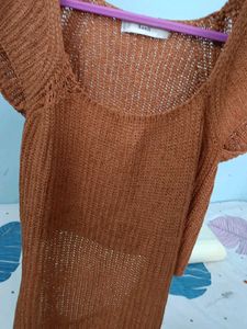 Brown Knit Square Neck Top