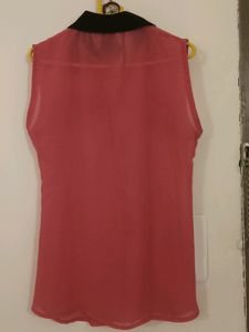 Sleeveless Coral Pink Shirt with Black Collar