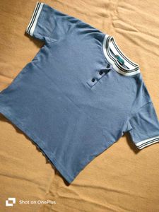 Blue Henley T-Shirt with Striped Trim