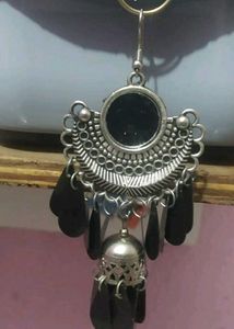 Silver Tone Black Fan Earrings