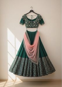 Gorgeous Green Festive Lehenga with Peach Dupatta