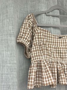 Gingham Sweetheart Neckline Peplum Top