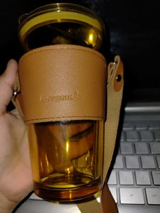 Glass Tumbler/ Sipper With Straw Leather Handle