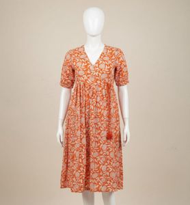 Vibrant Orange & White Floral Print Cotton Kurti