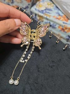 Pink Butterfly Stone Pearl Hair Clutch