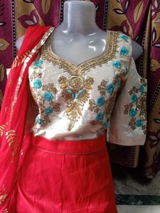Red &amp; White Embroidered Lehenga