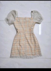 Imported Plaid Puff Sleeve Dress