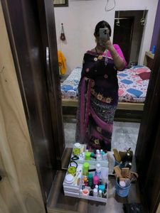 Purple Pink Flower Work Saree With Blouse.