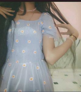Blue Floral Embroidery Puff Sleeve Dress
