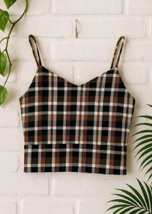 Trendy Brown & Black Checkered Crop Top