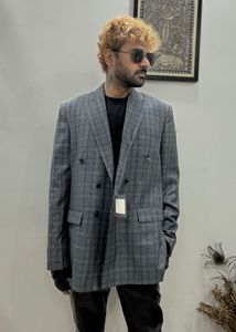 Grey Plaid Double Breasted Blazer