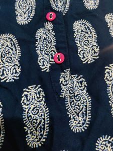 Navy Blue Printed High-Low Kurti with Pink Button