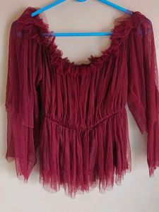 Women Maroon Net Trendy Peplum Top of Size L