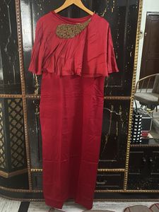 Maroon Maxi Dress With Embroidered Cape