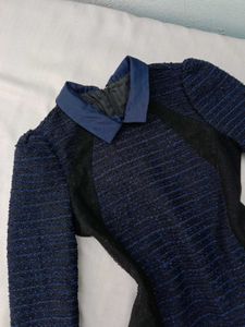 New Korean Puff Sleeves Navy Blue Dress