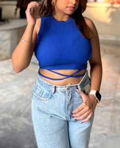 Tokyo talkies blue ribbed crop top (waist strings)