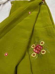 Olive Green Embroidered Saree