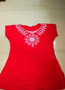 Red Embroidered Top With Pockets