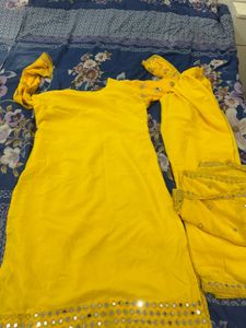 Yellow Mirror Work Kurta Pant Set