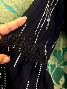 Nevy Blue bow tie neck and lace work top