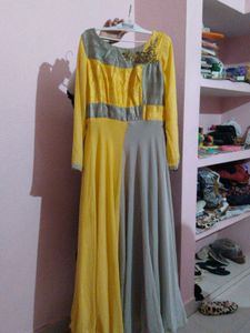 Elegant Yellow &amp; Grey Ethnic Dress